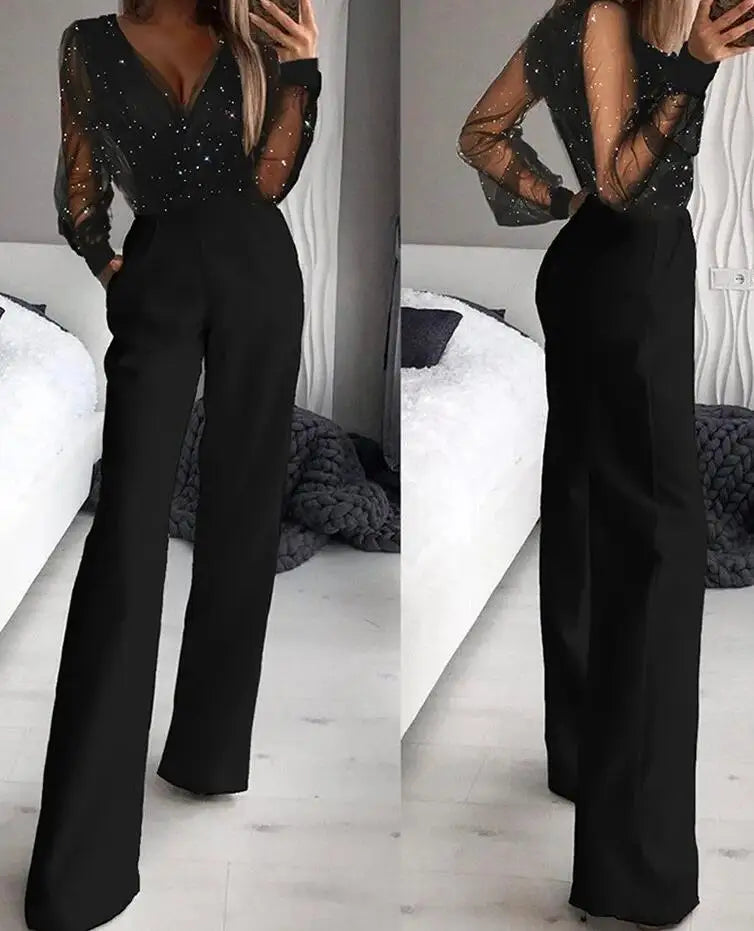 V-Neck Long Sleeve Jumpsuit - Office & Occasion Wear