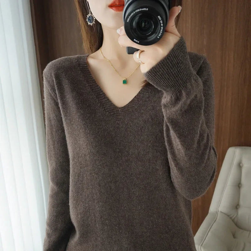 Premium V-Neck Knit Sweater - Soft Solid Color Pullover
