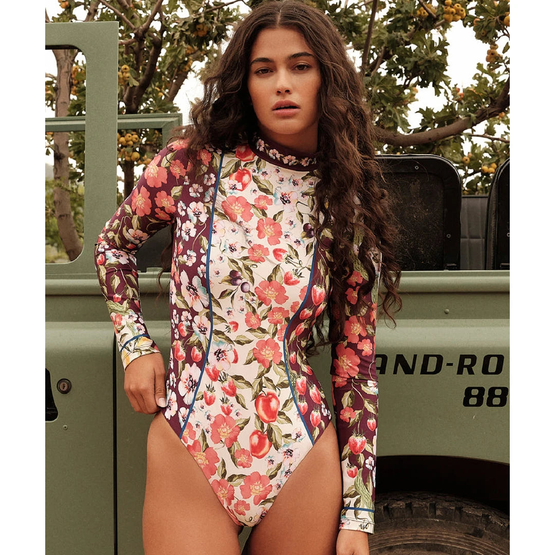 Long Sleeve Surf Swimsuit - Printed Retro One-Piece