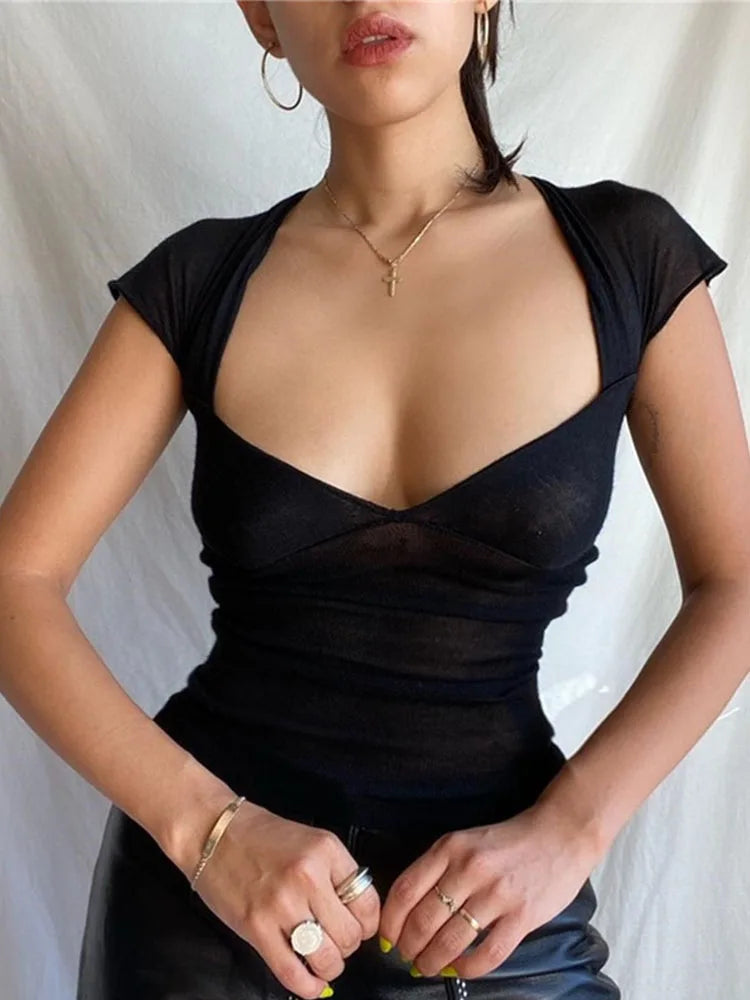 Square Neck Backless Crop Top - Slim Fit Short Sleeve Tee