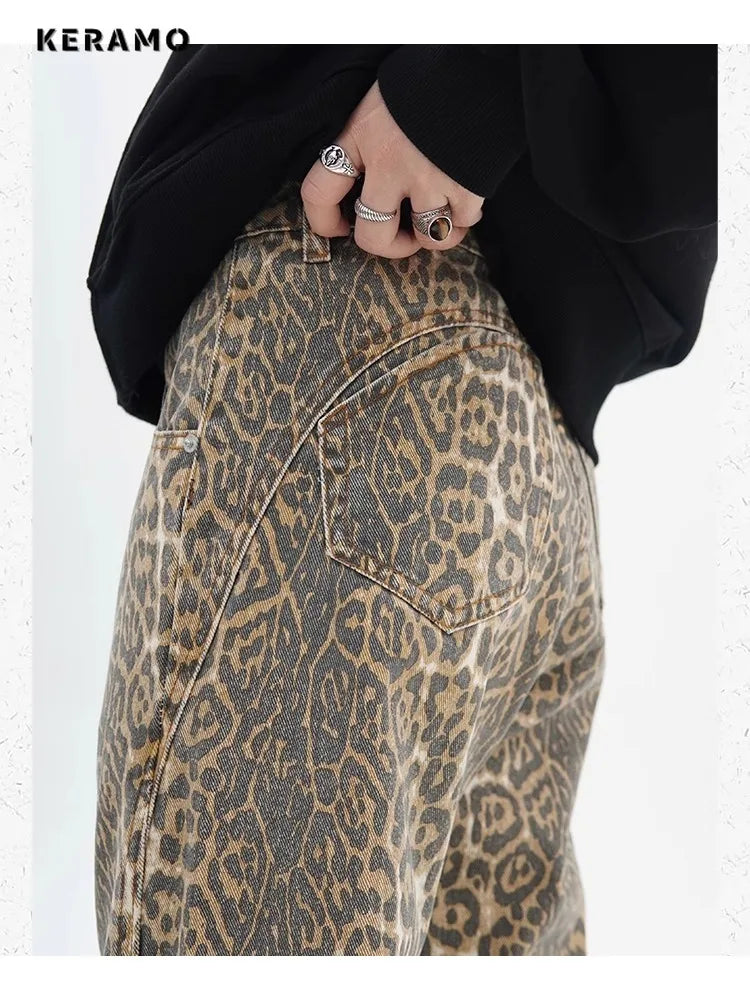High-Waist Leopard Print Wide-Leg Jeans - Everyday Denim