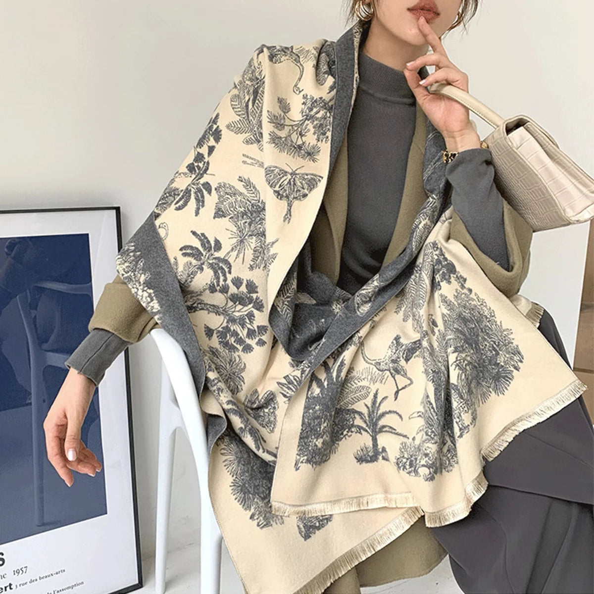 Luxury Floral Cashmere-Feel Winter Scarf - Fringed Shawl Wrap