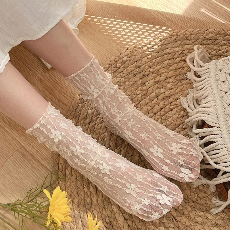Transparent Floral Lace Socks - Breathable Mesh Dress Style