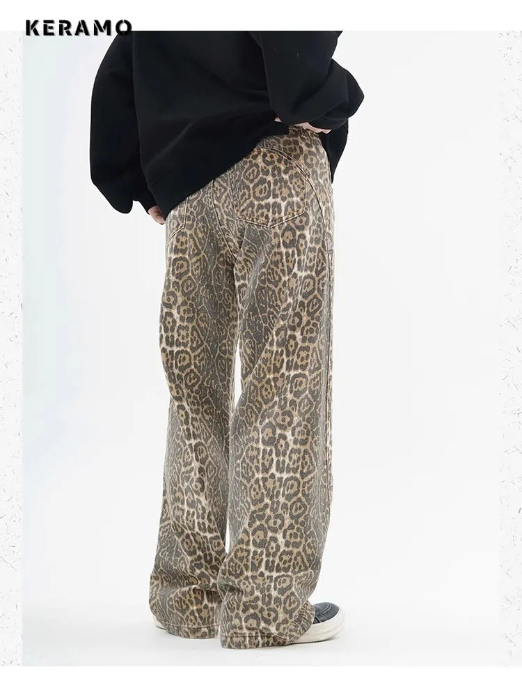 High-Waist Leopard Print Wide-Leg Jeans - Everyday Denim