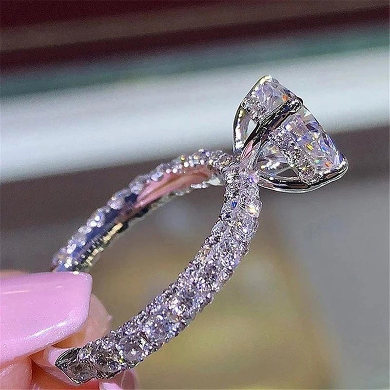 Luxury White Zircon Engagement Ring - Silver-Tone Jewelry