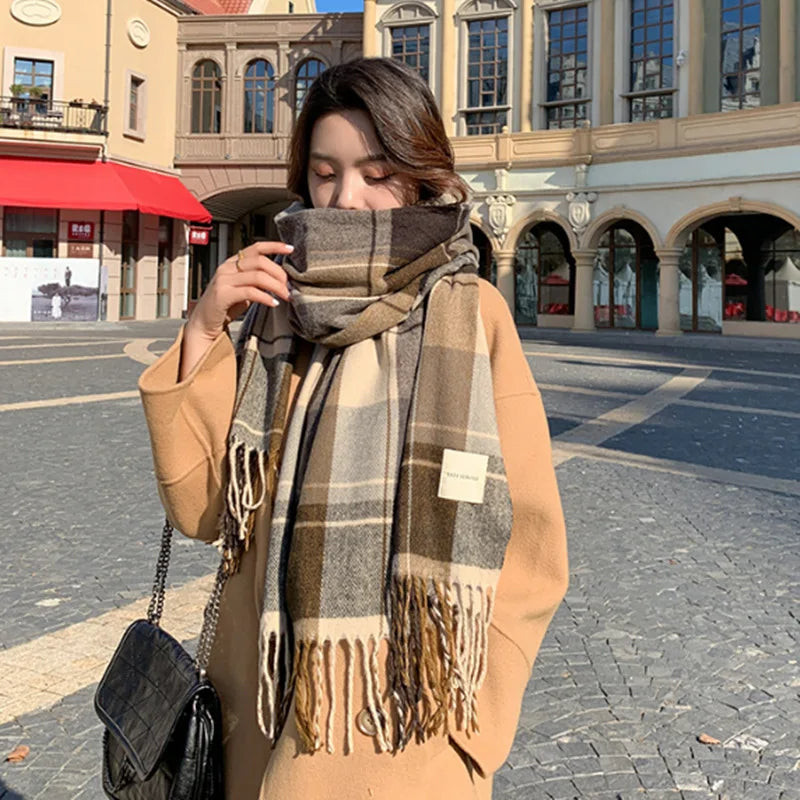 Luxury Plaid Tassel Scarf - Long Cashmere-Feel Shawl