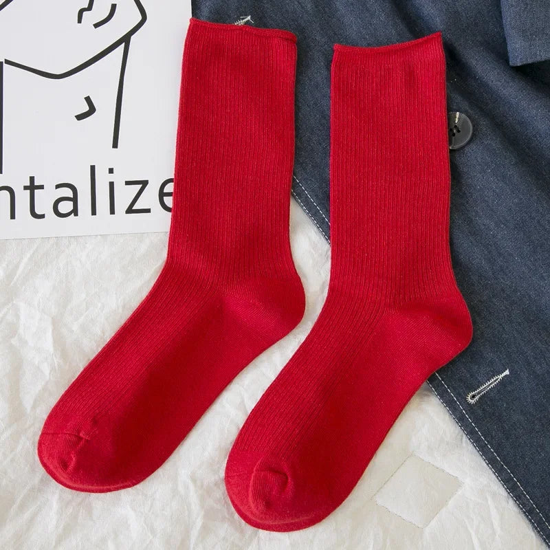 Solid Color Crew Socks - Breathable Preppy Mid-Calf Style