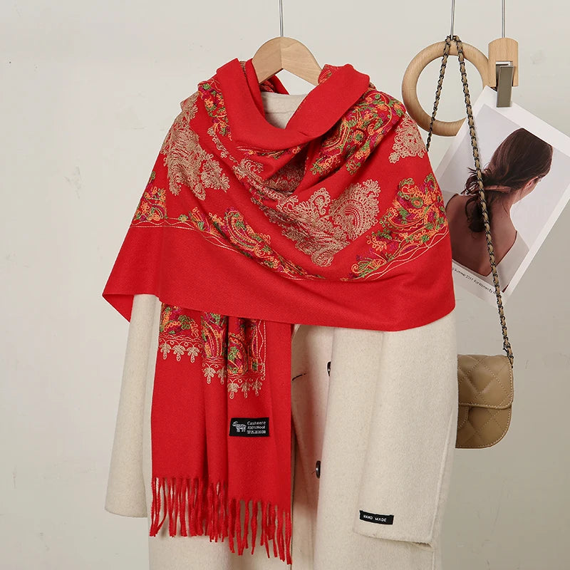 Luxury Floral Cashmere-Feel Winter Scarf - Fringed Shawl Wrap