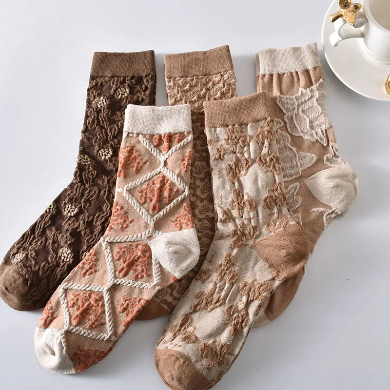 Retro Embroidered Flower Socks - 5 Pair Cozy Gift Set
