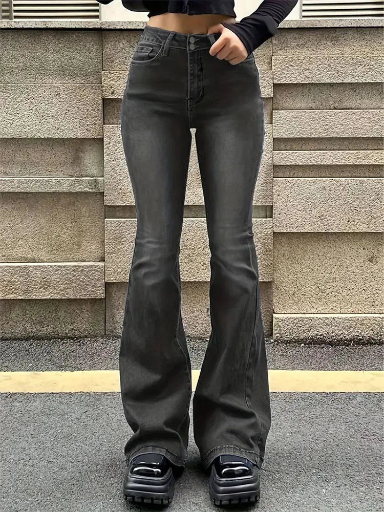 High-Waist Flare-Leg Jeans - Denim Streetwear