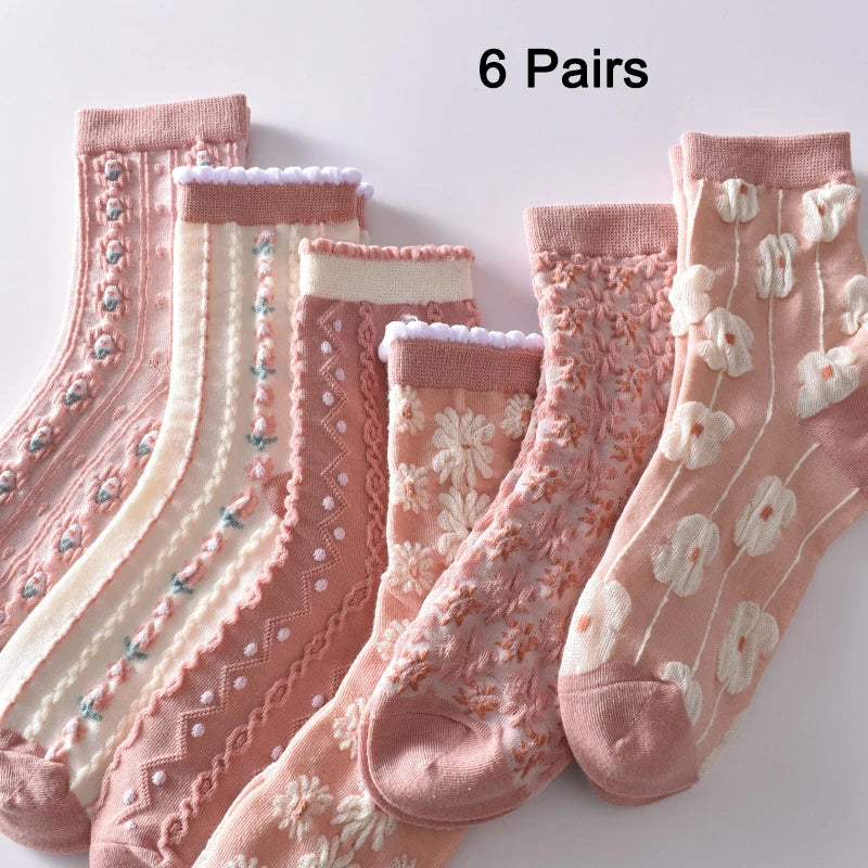 Retro Embroidered Flower Socks - 5 Pair Cozy Gift Set