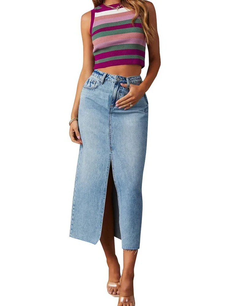 Premium Denim Split Midi Skirt - High Waist Streetwear Style