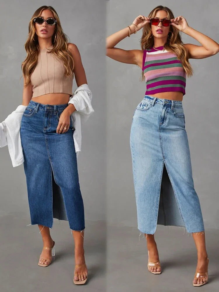 Premium Denim Split Midi Skirt - High Waist Streetwear Style