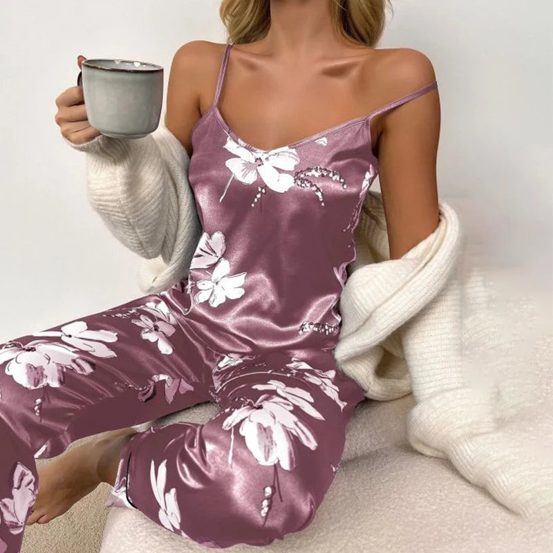 Satin Lace Cami Pajama Set - Elegant Two-Piece Sleepwear