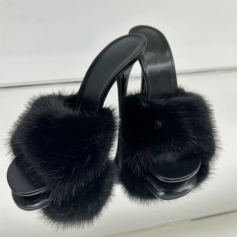 Luxury Fur-Trim High Heel Sandals - Open Toe Party Style