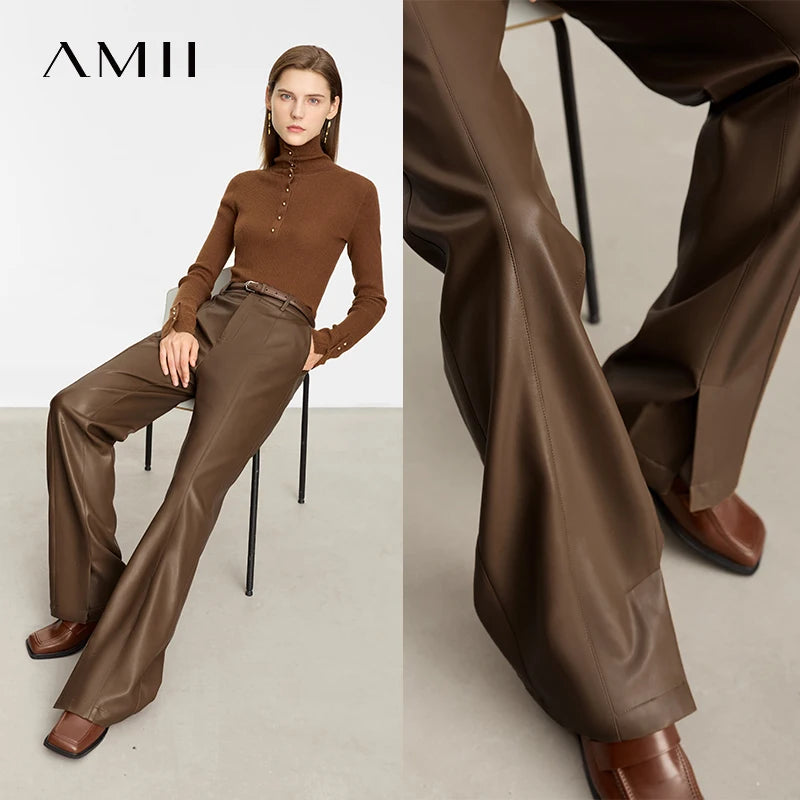 Minimalist PU Leather Straight Pants - Floor-Length Style