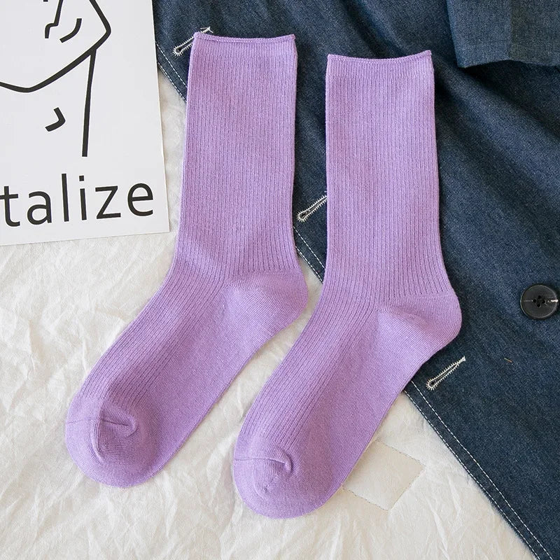 Solid Color Crew Socks - Breathable Preppy Mid-Calf Style