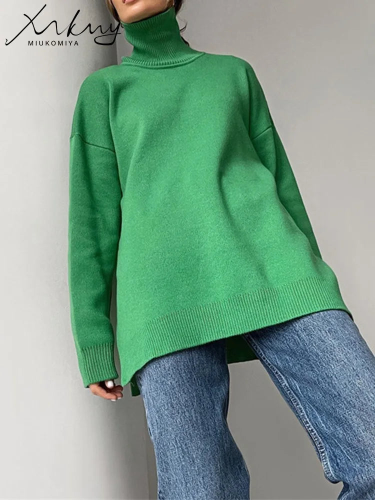 Oversized Turtleneck Sweater - Side Split Cozy Jumper