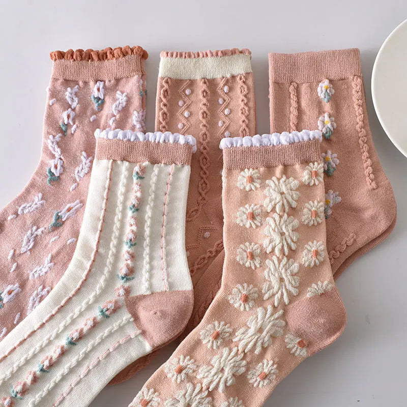 Retro Embroidered Flower Socks - 5 Pair Cozy Gift Set