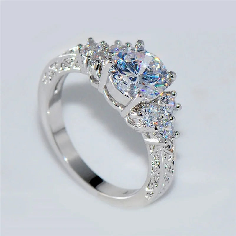 Luxury White Zircon Engagement Ring - Silver-Tone Jewelry