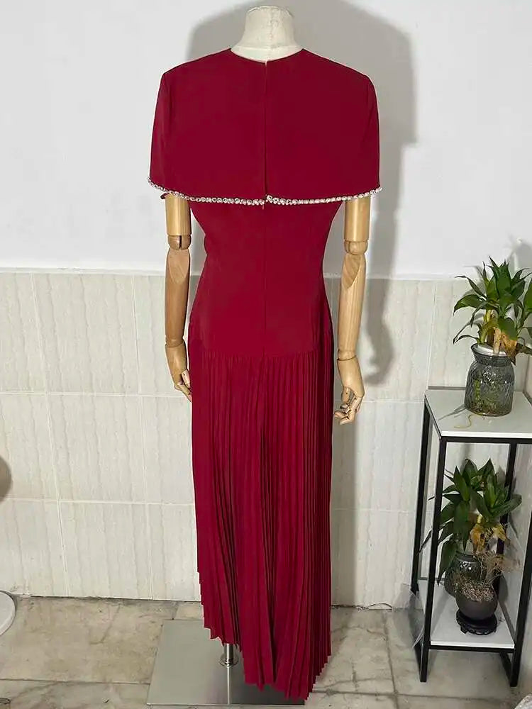DEAT Elegant 2 Pcs Set  Diamond Embedded Short Shawl Camisole Waist Pleated Asymmetric Dress Suit Spring 2026 New Tide 13DB5108