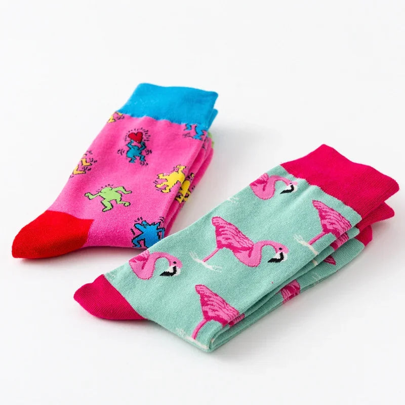 Cartoon Flamingo Cotton Socks - Casual Harajuku Crew Pair