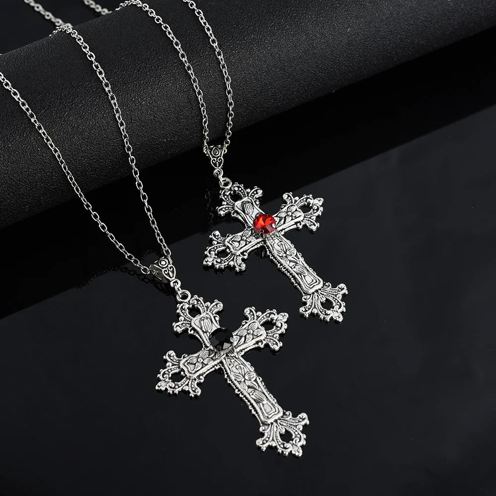 Y2K Crystal Cross Pendant Necklace - Gothic Choker Chain