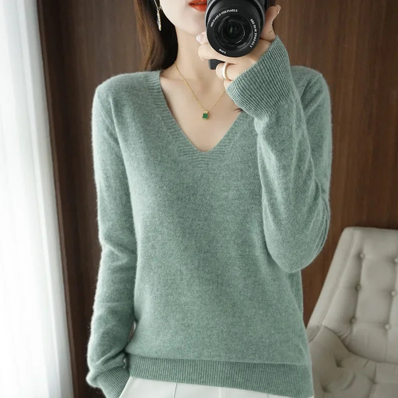 Premium V-Neck Knit Sweater - Soft Solid Color Pullover