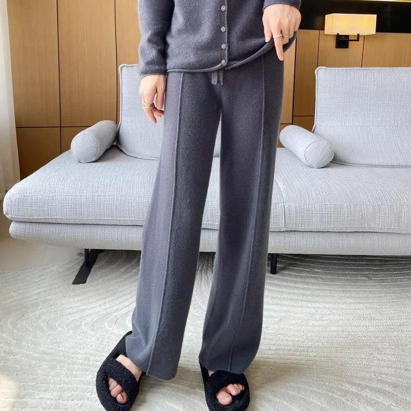 Knitted Wide-Leg Pants - High-Waist Winter Comfort