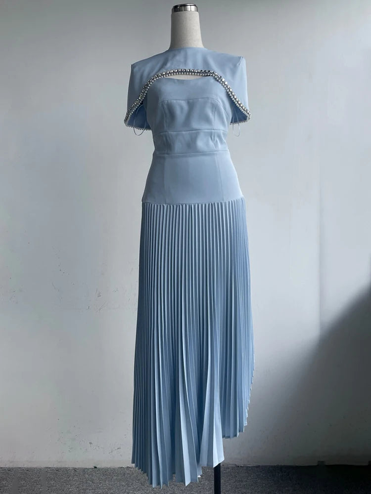 DEAT Elegant 2 Pcs Set  Diamond Embedded Short Shawl Camisole Waist Pleated Asymmetric Dress Suit Spring 2026 New Tide 13DB5108