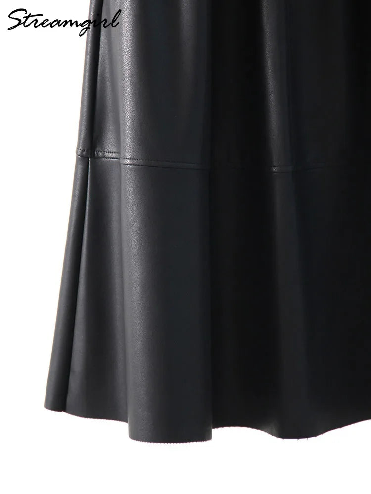 Premium PU Leather Midi Skirt - High Waist A-Line Design