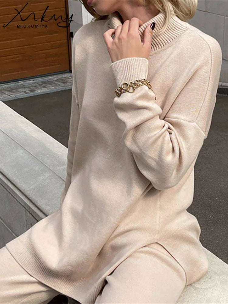 Oversized Turtleneck Sweater - Side Split Cozy Jumper