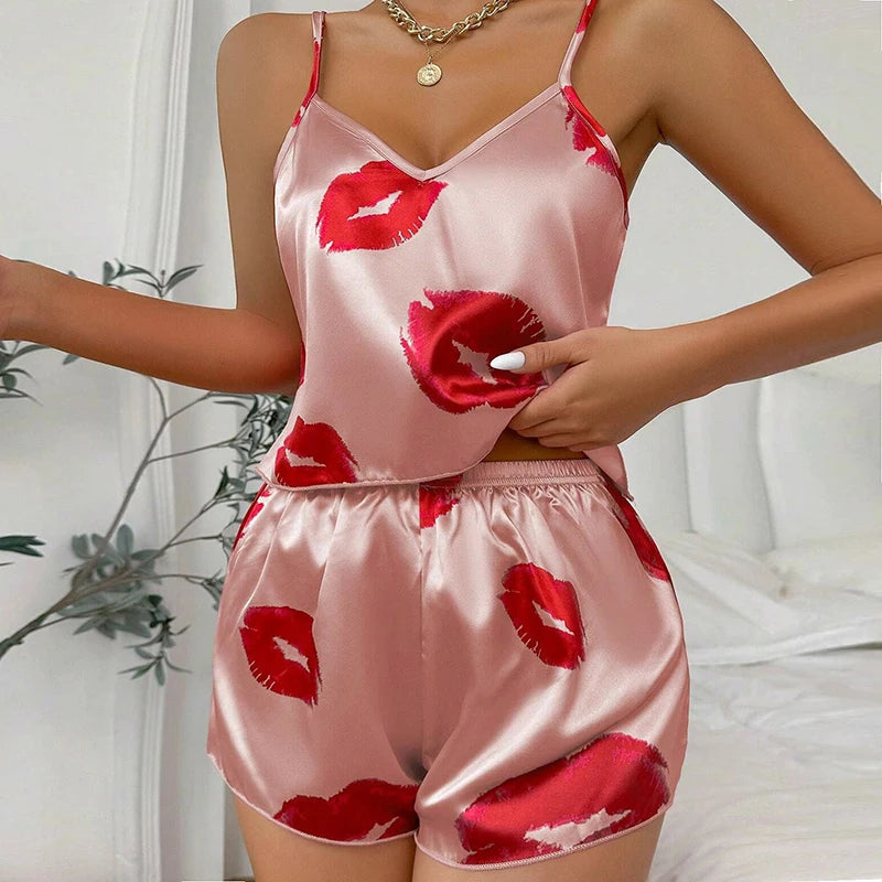 Satin Lace Cami Pajama Set - Elegant Two-Piece Sleepwear