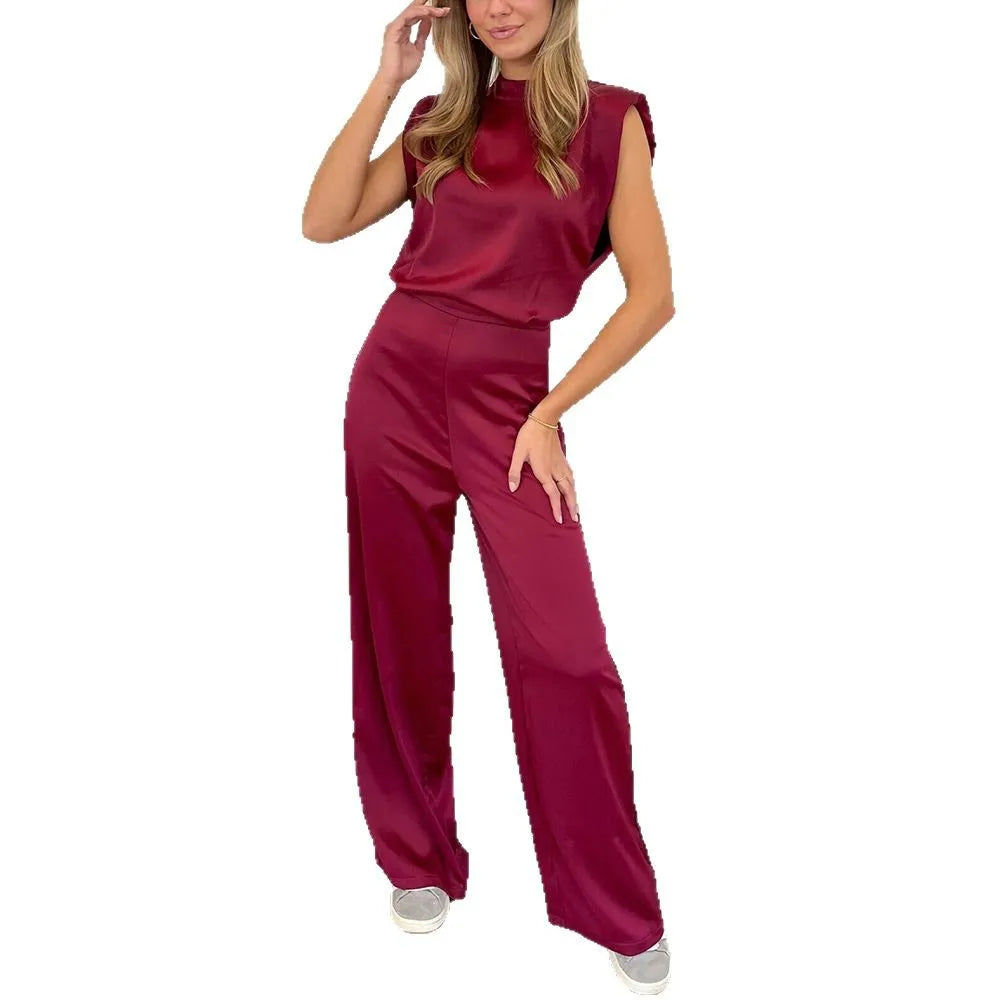 Silk Satin Texture Halter Neck Sleeveless Wide-Leg Jumpsuit - Office & Occasion Wear