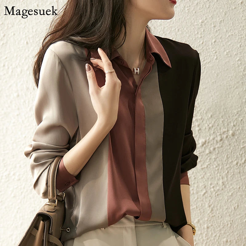 Satin Button Blouse - Long Sleeve Polo Collar Shirt