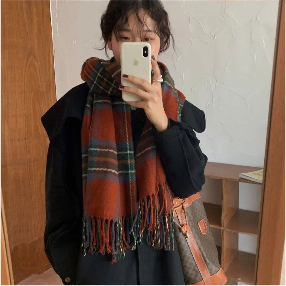Luxury Plaid Tassel Scarf - Long Cashmere-Feel Shawl