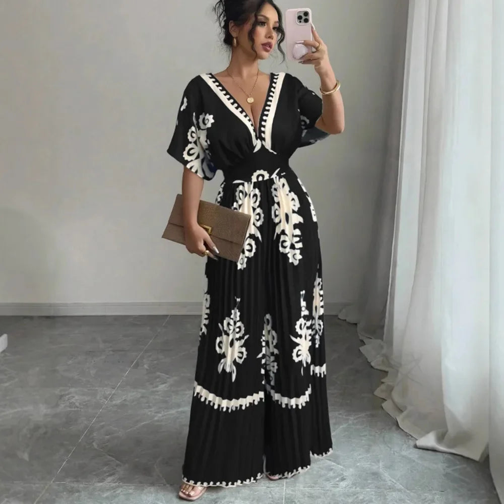 Deep V-Neck Short Sleeve Wide-Leg Jumpsuit - Elegant One-Piece