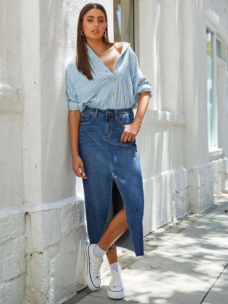 Premium Denim Split Midi Skirt - High Waist Streetwear Style
