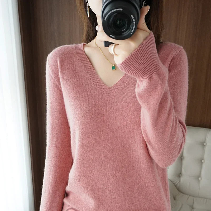 Premium V-Neck Knit Sweater - Soft Solid Color Pullover