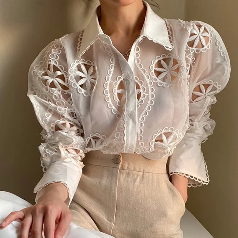 Floral Embroidered White Blouse - Long Sleeve Vintage Shirt