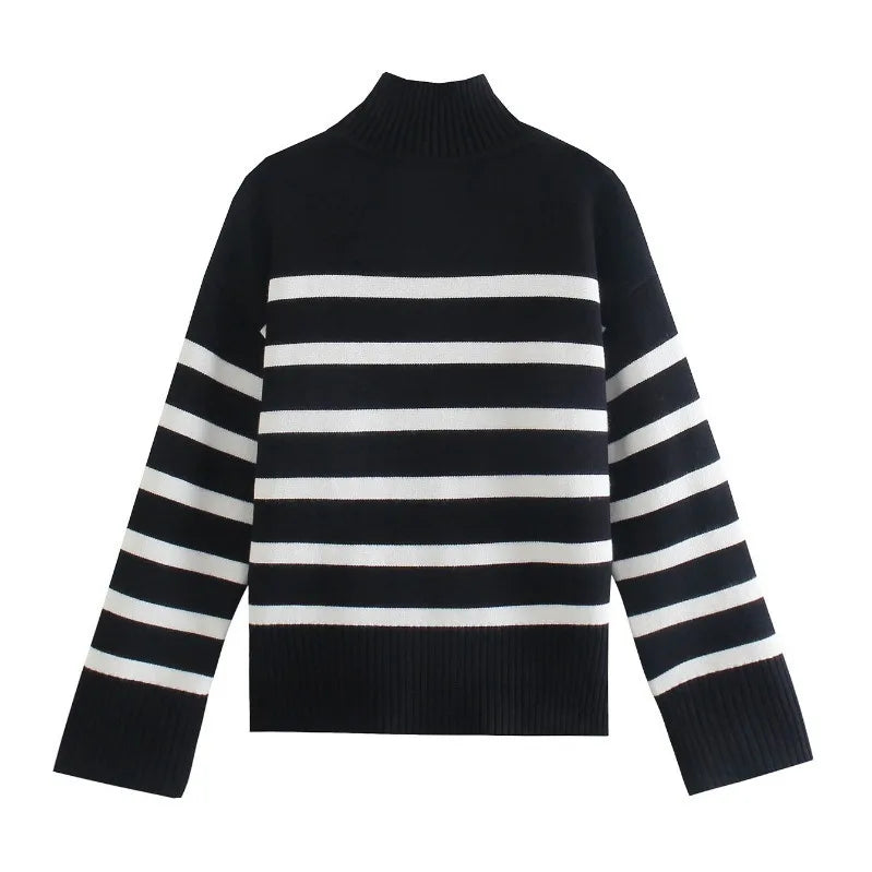 Premium Striped Turtleneck Knit Sweater - Loose Streetwear Pullover