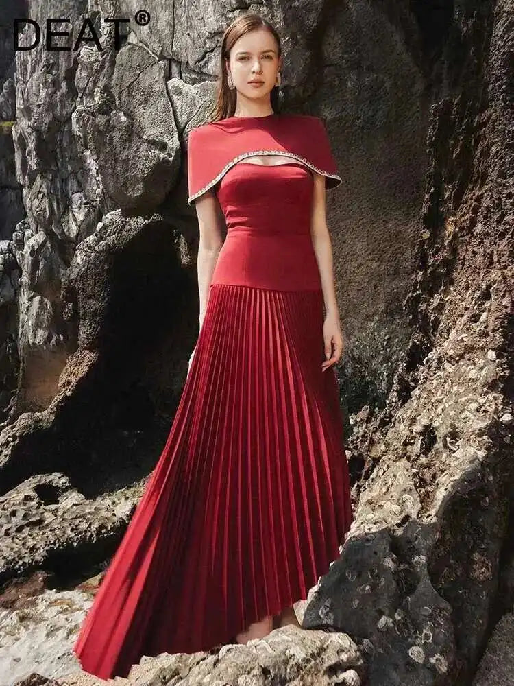 DEAT Elegant 2 Pcs Set  Diamond Embedded Short Shawl Camisole Waist Pleated Asymmetric Dress Suit Spring 2026 New Tide 13DB5108