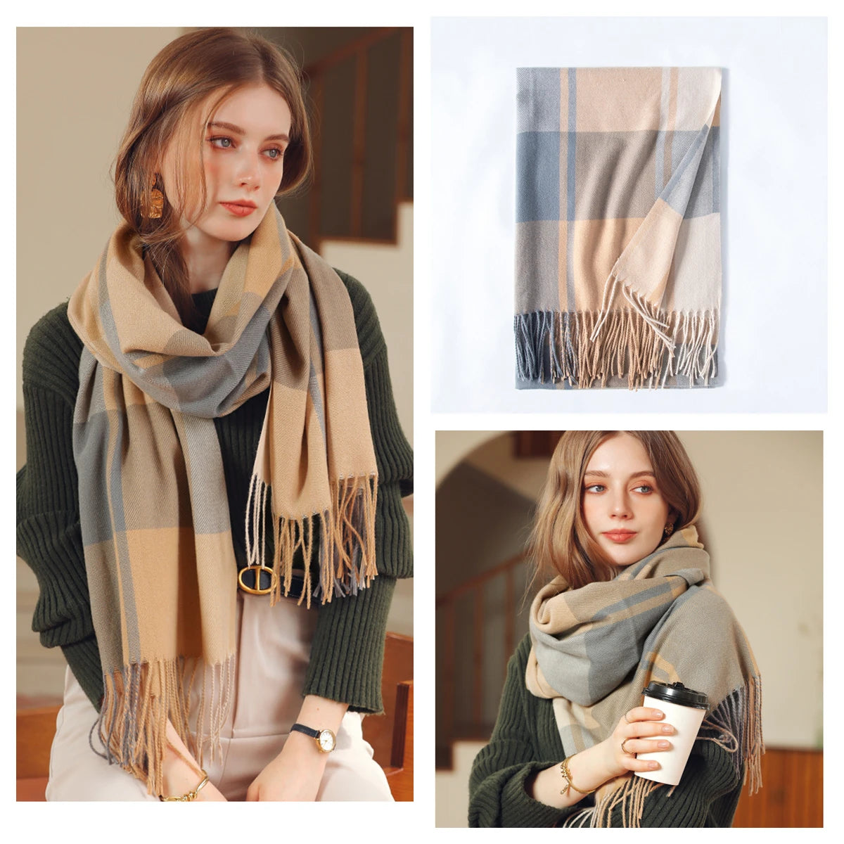 Luxury Plaid Cashmere-Feel Scarf - Oversized Shawl Wrap