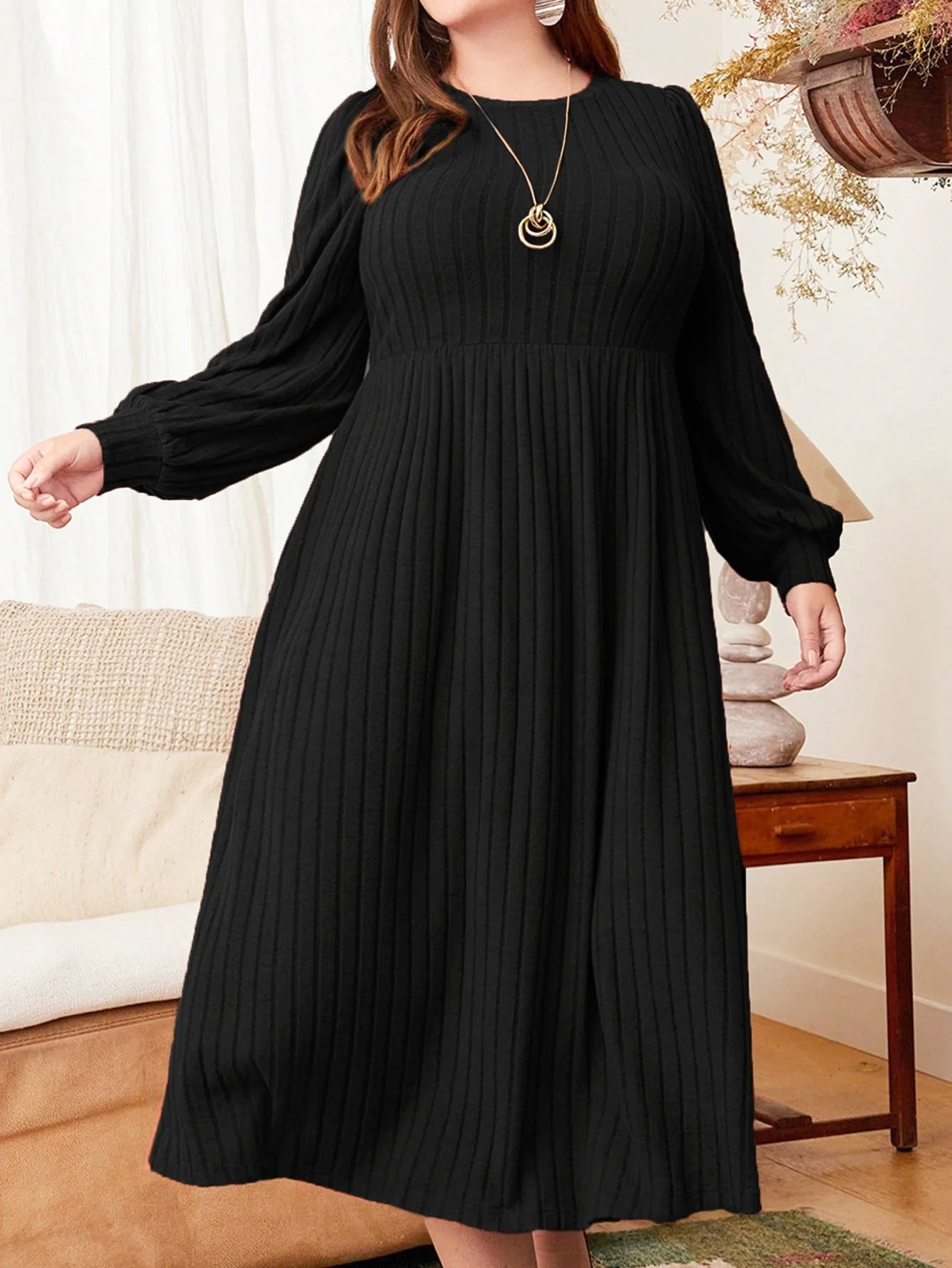 Plus Size Long Sleeve Maxi Dress - Solid Round Neck Elegance