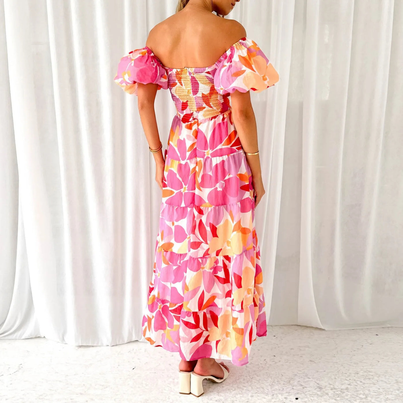Summer V Neck Cutout Floral Print Dresses Elegant Women Puff Short Sleeve Casual Dress Pleated Waisted Swing Beach Long Dress