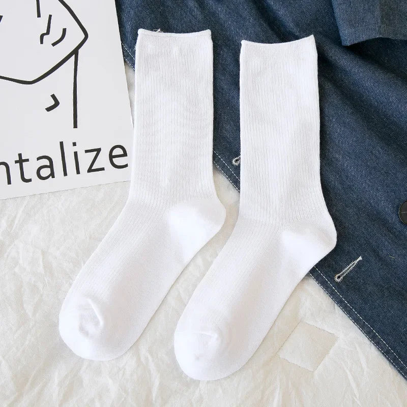 Solid Color Crew Socks - Breathable Preppy Mid-Calf Style
