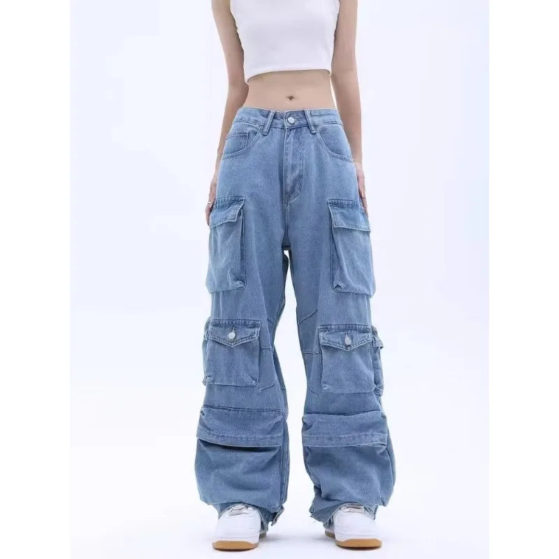 Cargo High-Waist Washed Wide-Leg Jeans - Denim Streetwear