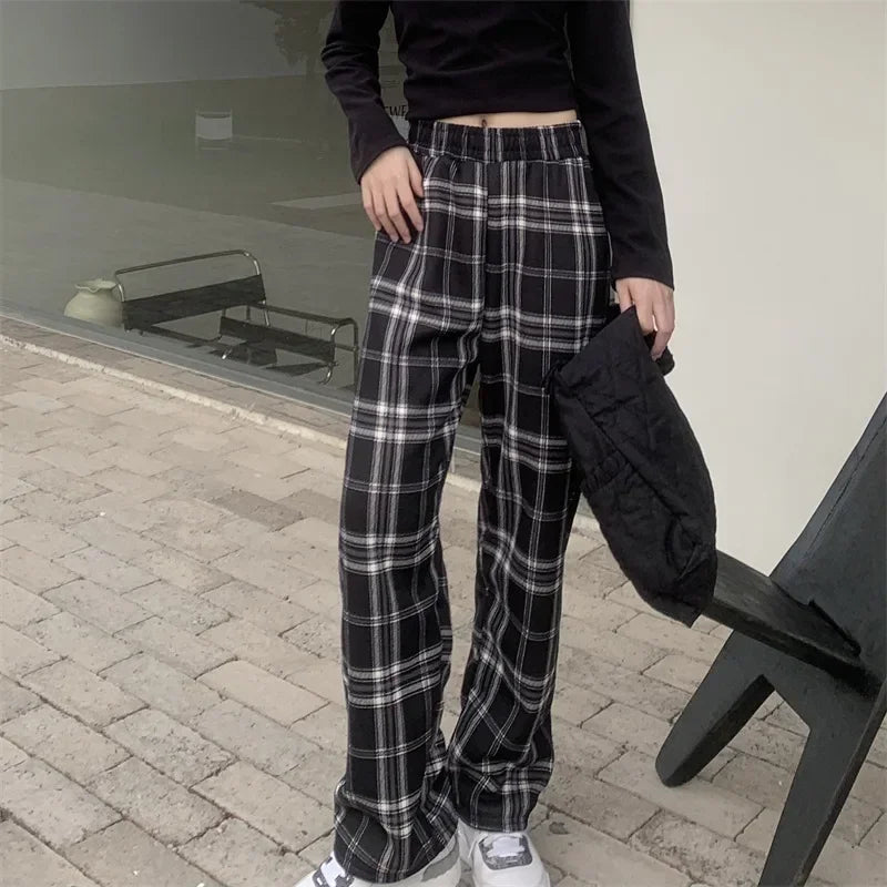 Fleece-Lined Plaid Trousers - High-Waist Straight Leg