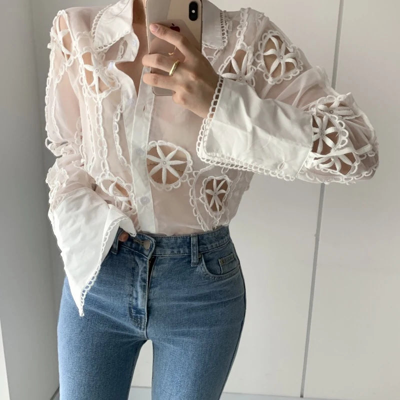 Floral Embroidered White Blouse - Long Sleeve Vintage Shirt