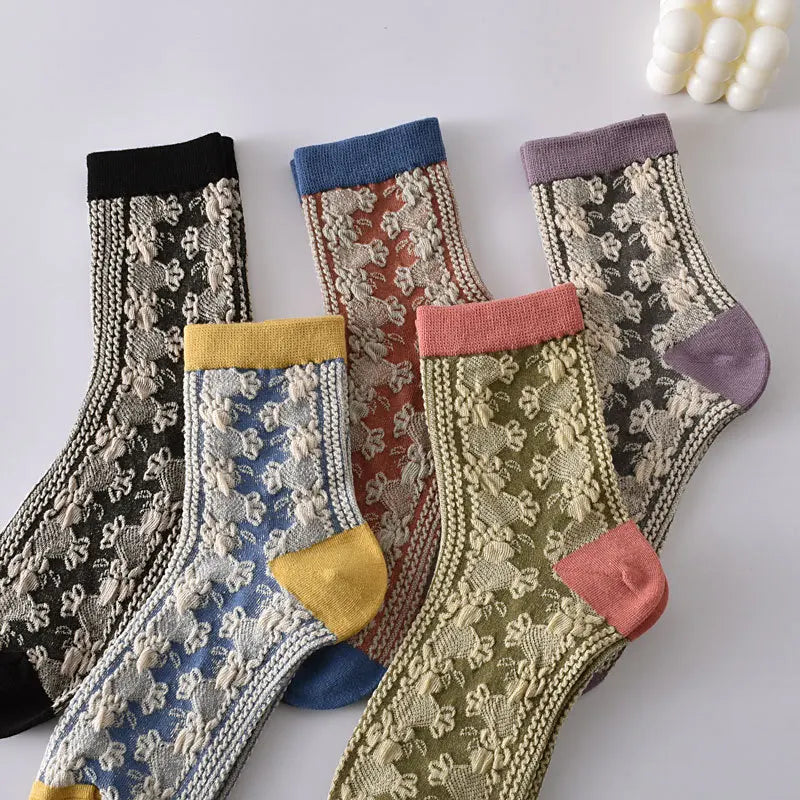 Retro Embroidered Flower Socks - 5 Pair Cozy Gift Set